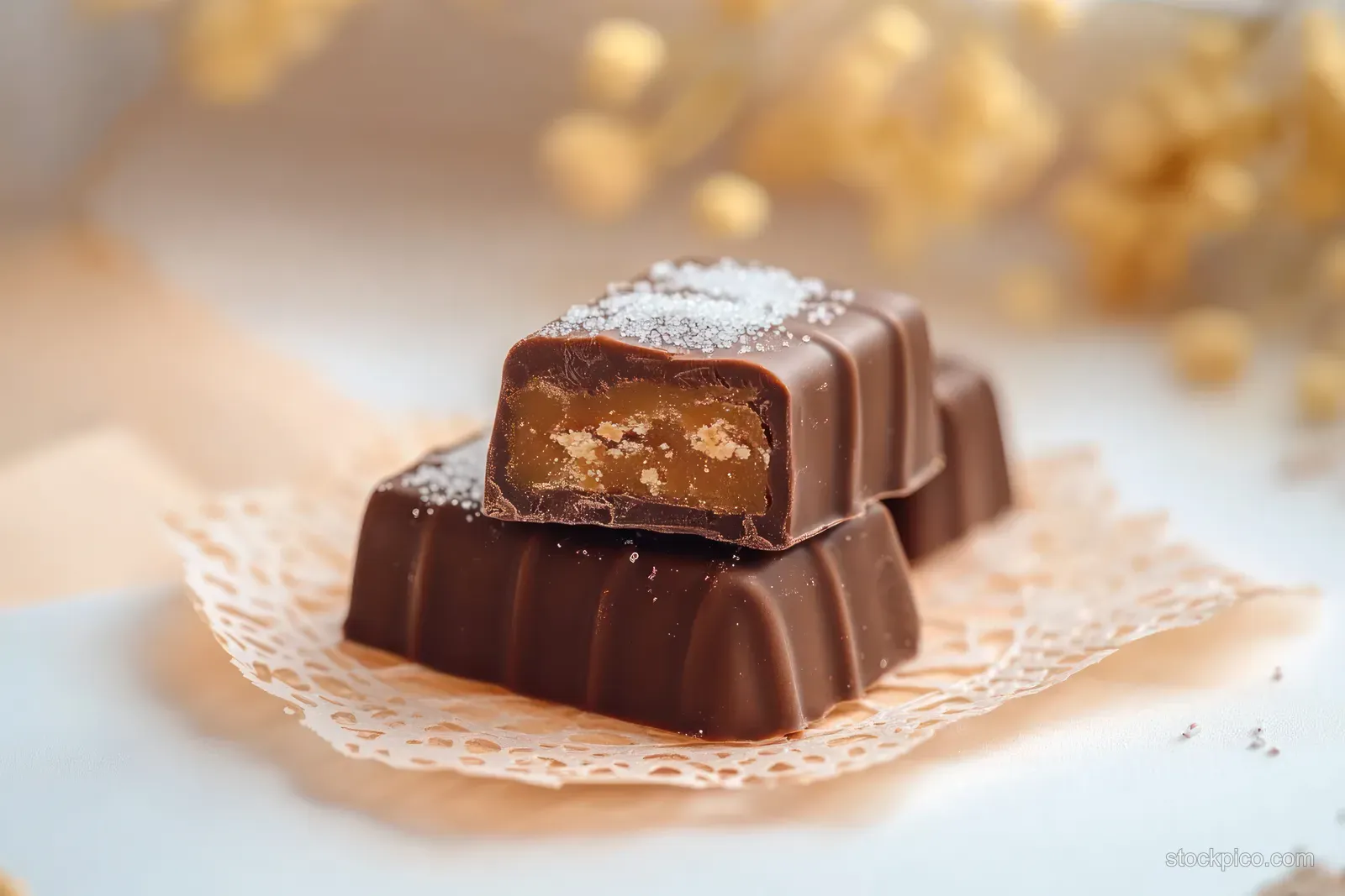 Two chocolate candies with caramel nut filling rest on a lace doily, one partially bitten and dusted with coarse sugar.