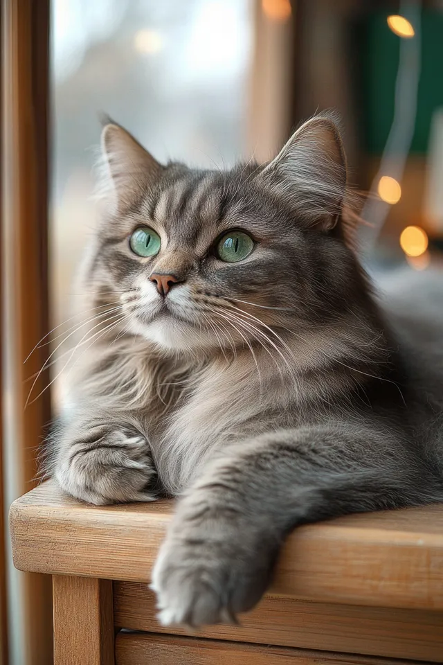 Fluffy gray tabby cat with green eyes resting on a wooden chair near a window with soft natural light.