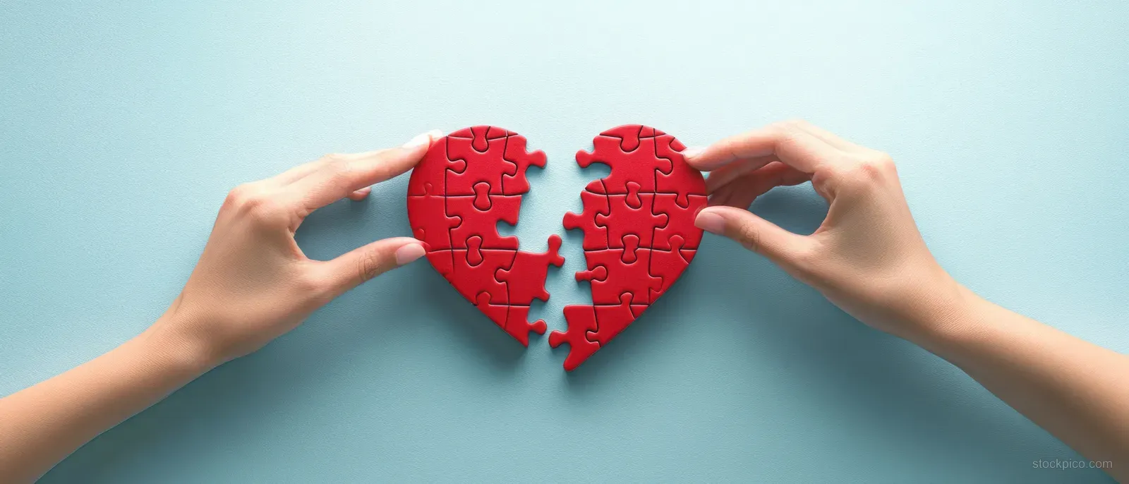 Two hands place red jigsaw heart pieces together on a light blue background.