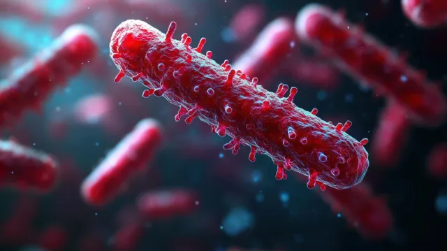Red rod-shaped bacteria with bristled texture float through a blurred microscopic background of particles.