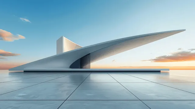 Minimalist futuristic architectural wing over concrete floor under blue hour sky