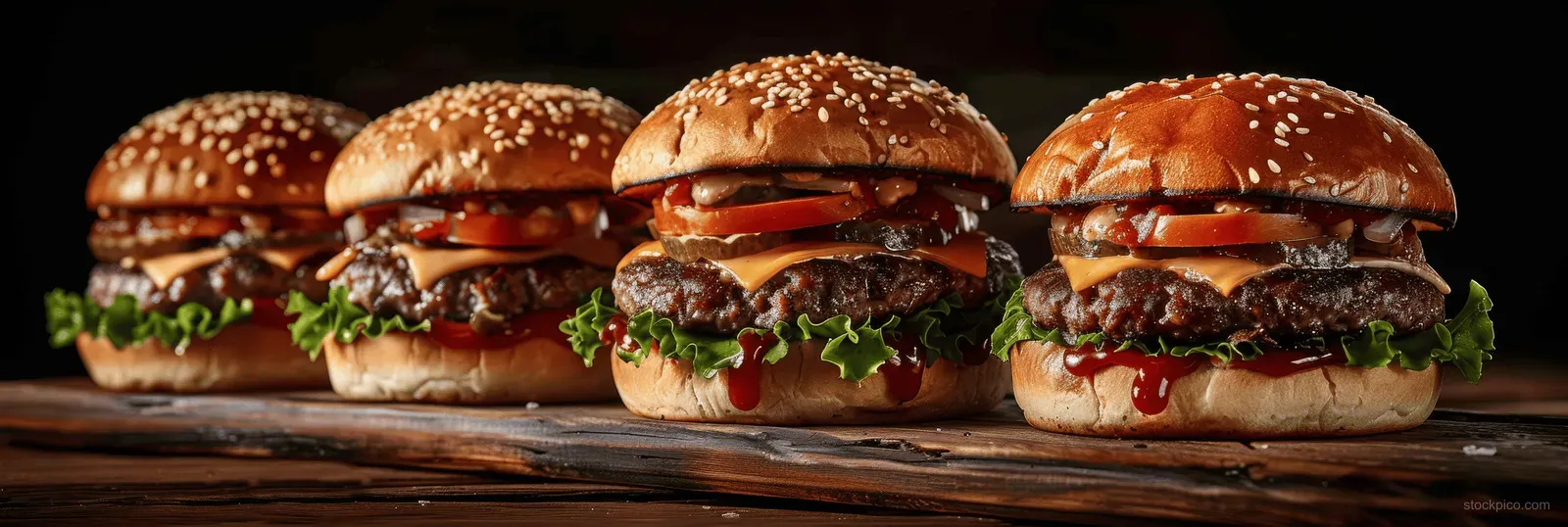 Three cheeseburgers with sesame buns and melted cheese arranged on a dark wooden table under studio lighting.