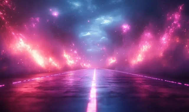Reflective neon runway leads toward a glowing grid horizon with pink and blue light flares and smoky clouds.