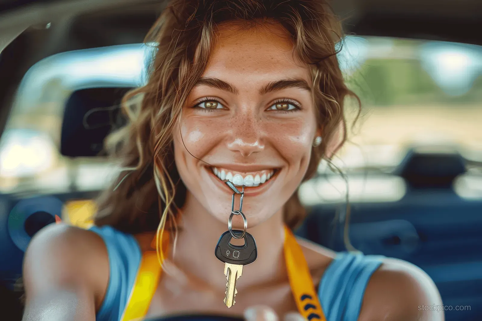 Smiling woman in a parked car holding a new key fob with a street dealership background behind her.