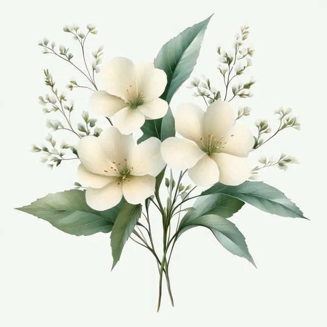 Watercolor bouquet with white blossoms and green leaves centered on a pale background.