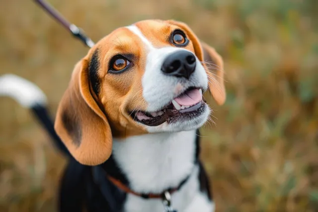 Beagle on a leash outdoors looking up with open mouth and visible teeth, grassy background blurred.