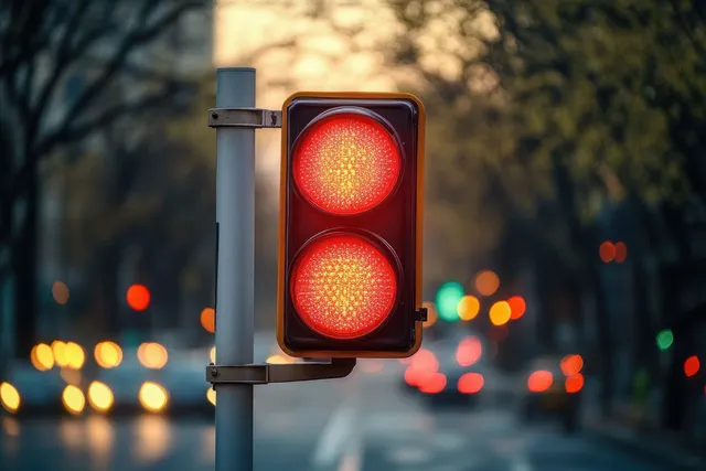 Close-up of a traffic light showing double red signals while car lights blur in the dusk background.