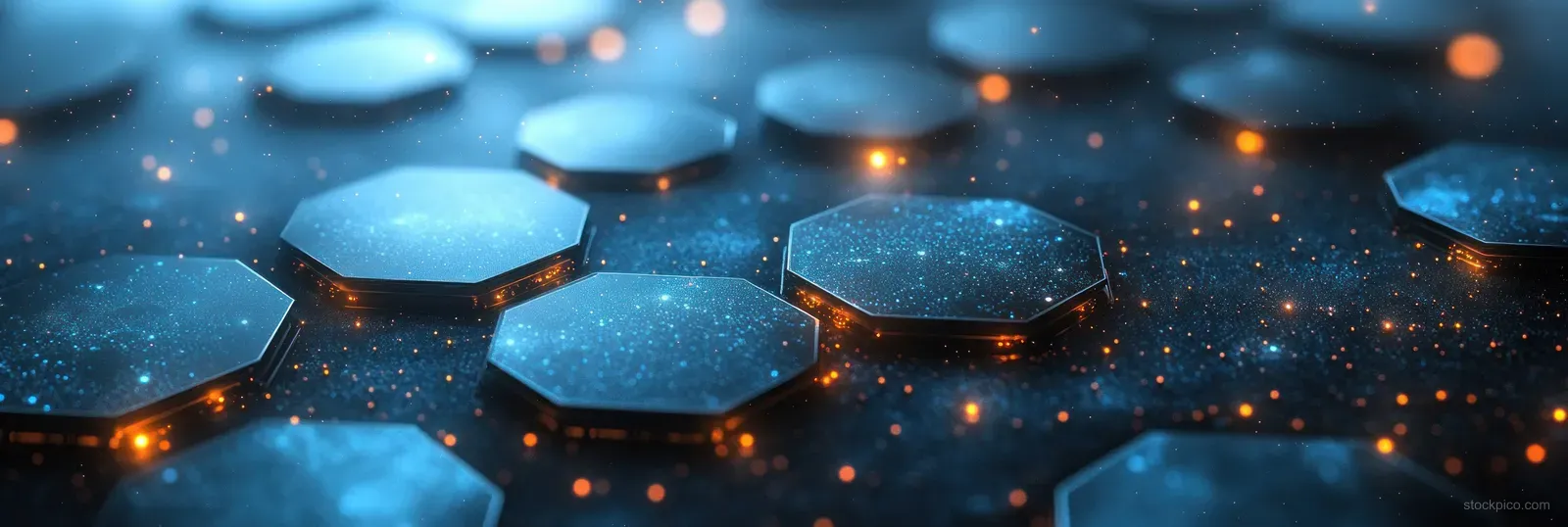 Glowing hexagonal shapes and orange particle sparks float over a dark blue futuristic medical science background.