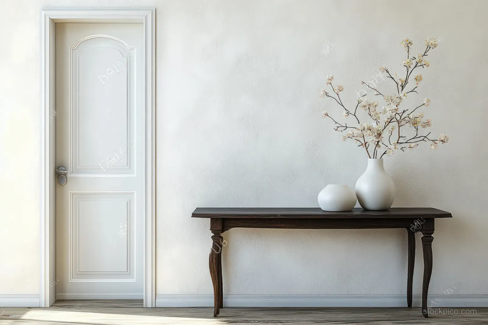 Dark wooden console table with white vase and branches sits against an empty wall beside a white open door.