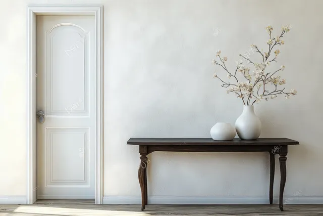 Dark wooden console table with white vase and branches sits against an empty wall beside a white open door.