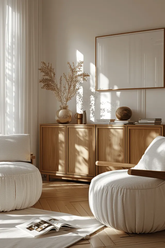 White armchairs and a wooden sideboard sit beside sheer curtains, with sunlight filling a minimalist living room.