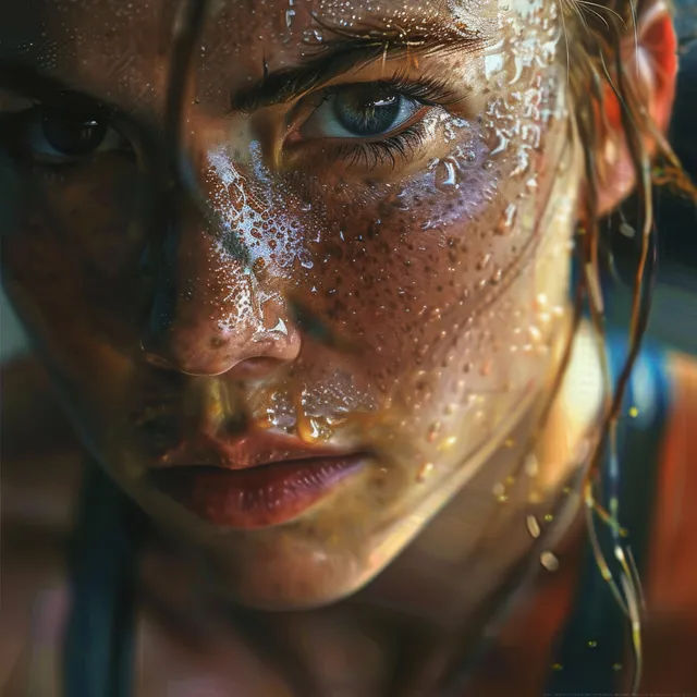 American female weightlifter grimaces as she prepares to lift, sweat and chalk close-up
