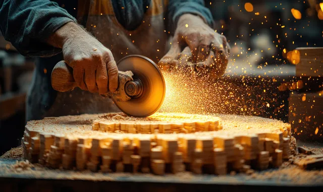 Woman artisan cutting wooden board with circular saw in workshop, sparks flying