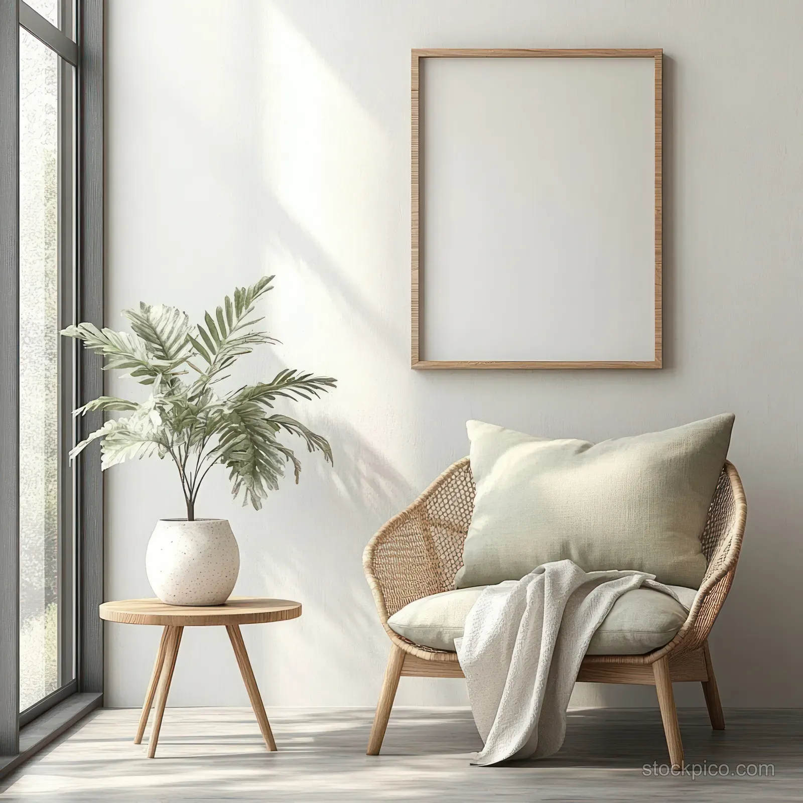 Gray velvet armchair with a tropical cushion next to a potted plant and a framed blank poster on a white wall.