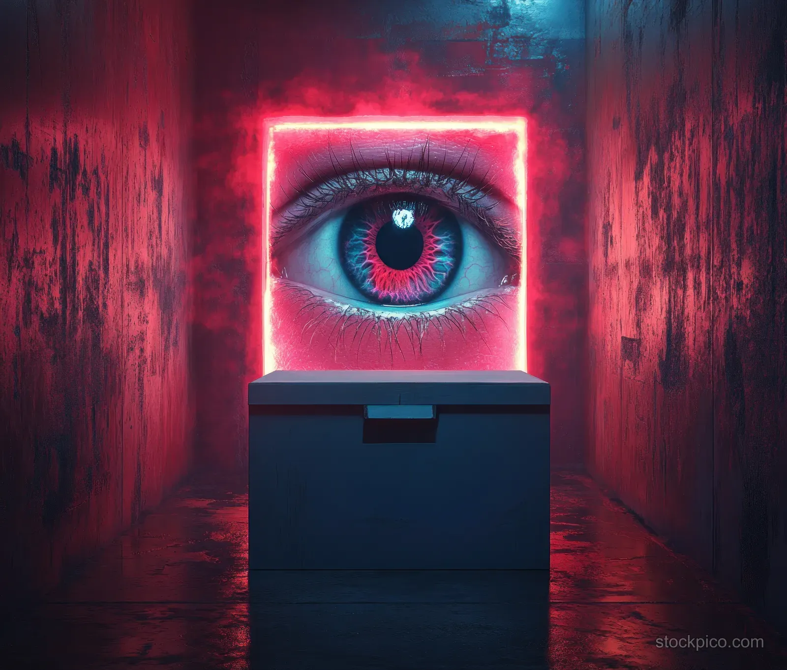 A glowing surveillance eye peers over a ballot box in a dim red-lit corridor.