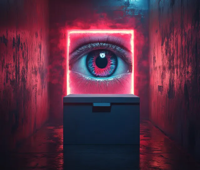 A glowing surveillance eye peers over a ballot box in a dim red-lit corridor.