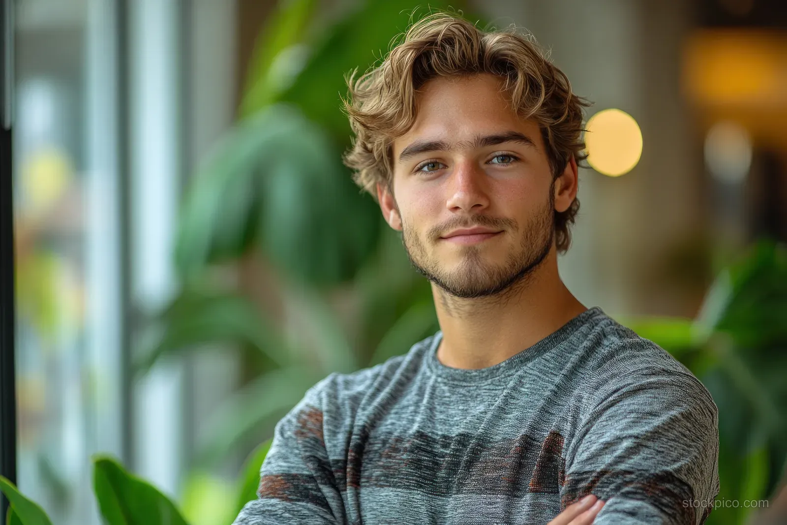 Smiling businessman stands in a modern office with natural light and green plants blurred behind him.