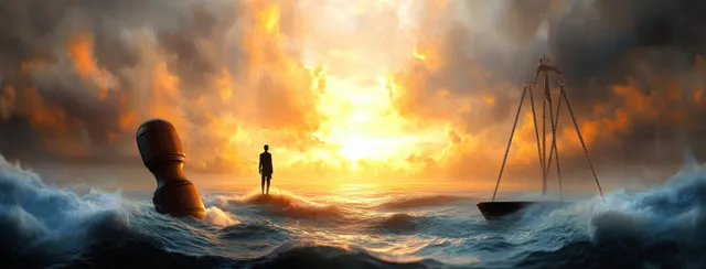 Lone silhouette stands on stormy ocean waves beside giant chess pawn at sunset