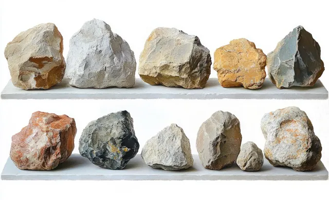 Rows of assorted rock and mineral specimens on display shelves against a white backdrop