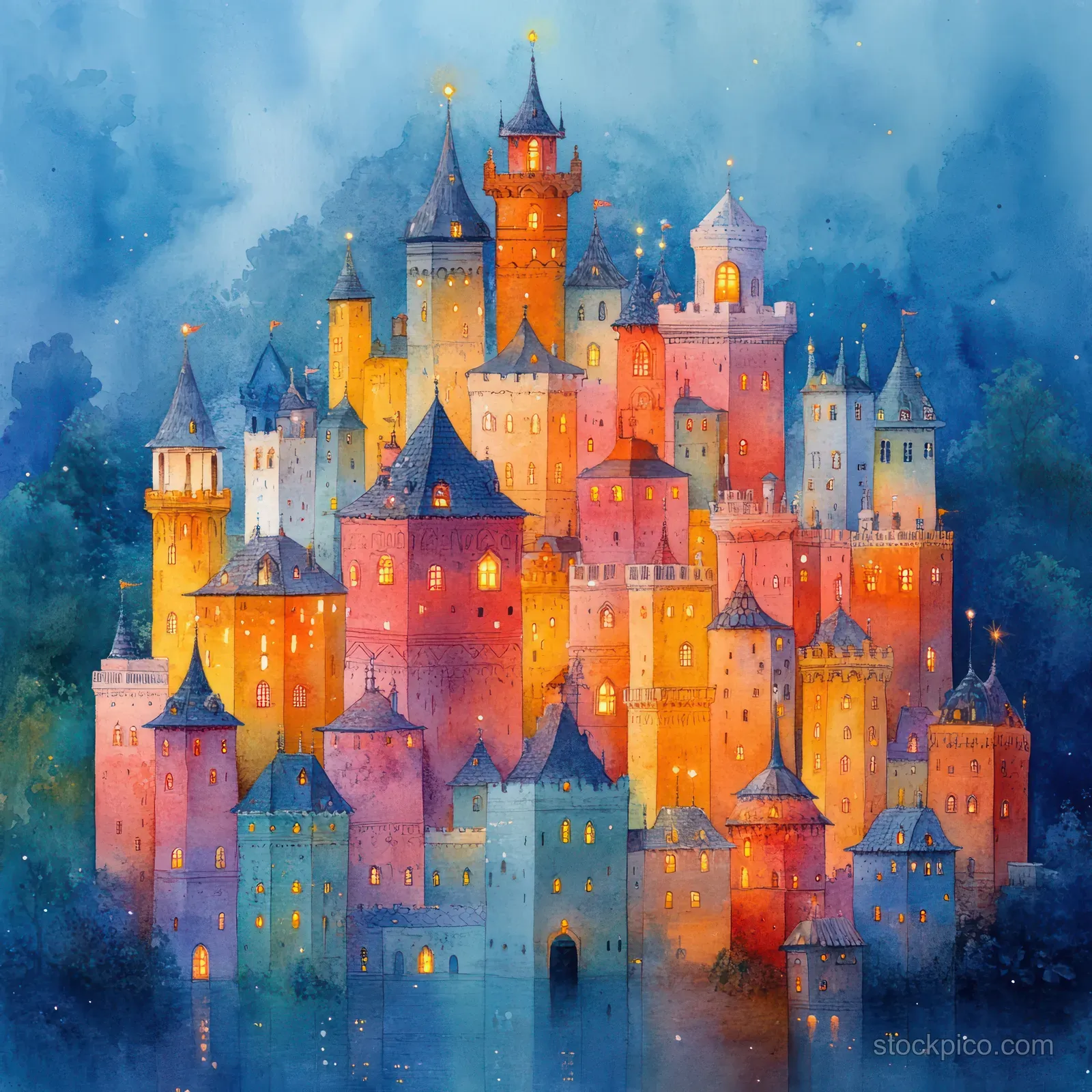 Whimsical watercolor medieval castle towers with glowing windows and a bridge in a misty blue evening scene.