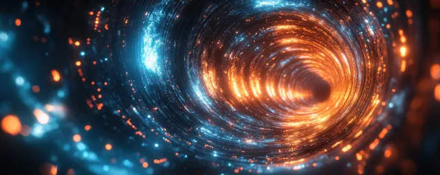 A neon digital tunnel vortex swirls with glowing particles suggesting rapid network data transfer in cyberspace.