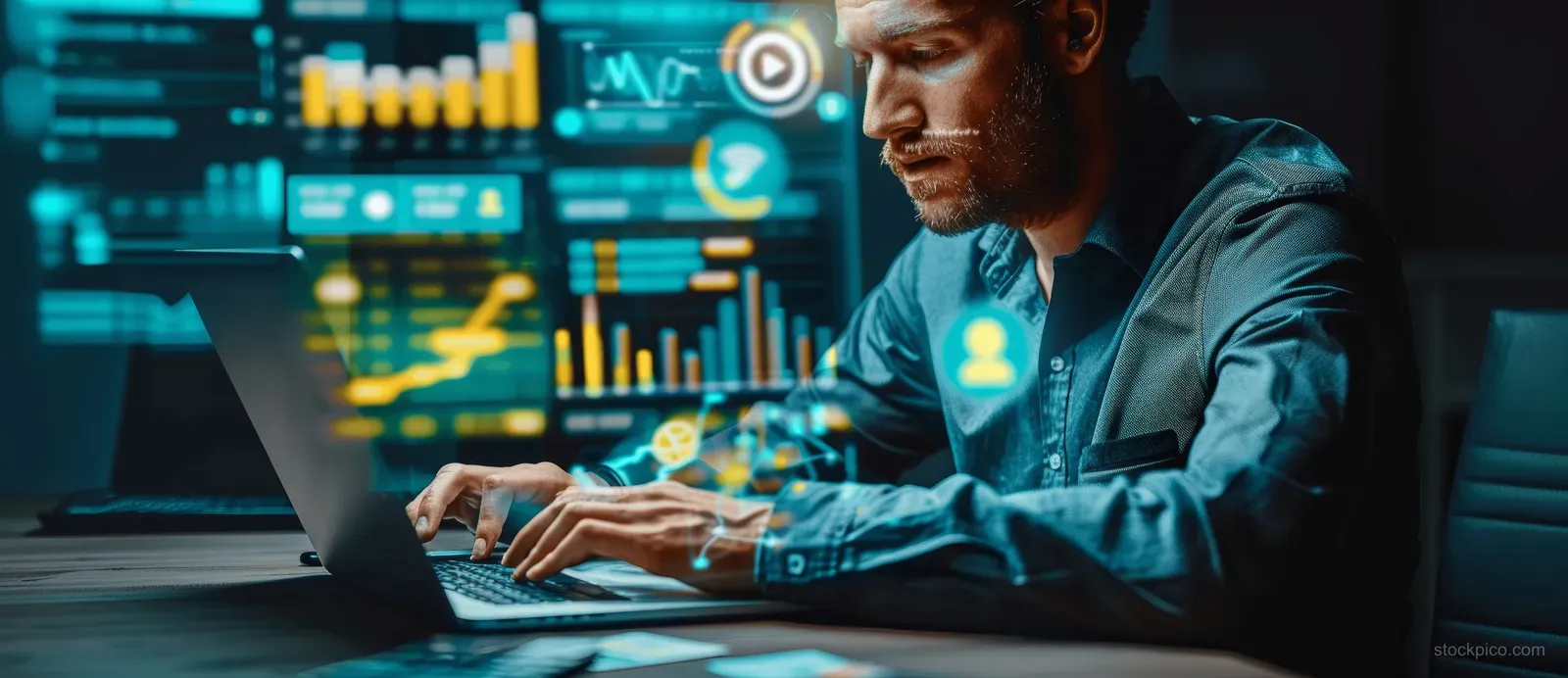 Analyst at a laptop shows marketing analytics, SEO and ad icons over a dark desk screen.