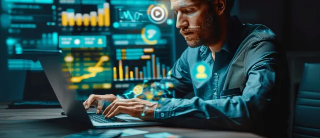 Analyst at a laptop shows marketing analytics, SEO and ad icons over a dark desk screen.