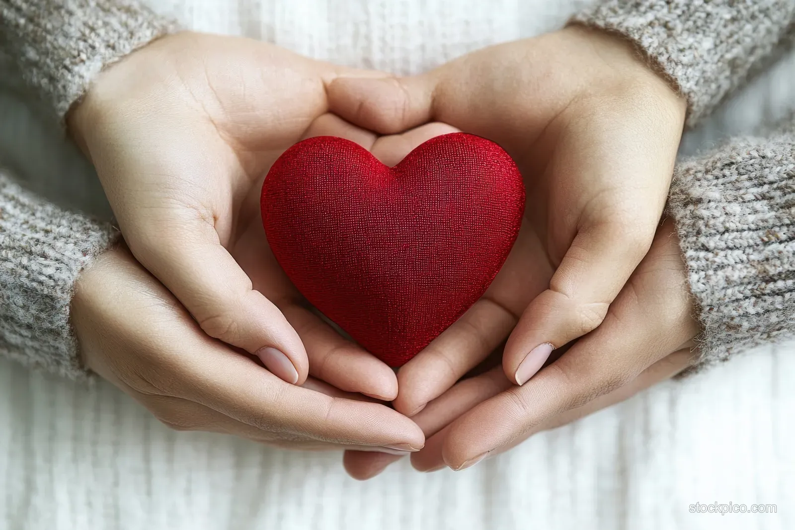 Hands cradle a textured red heart on a soft blanket, symbolizing love and care.