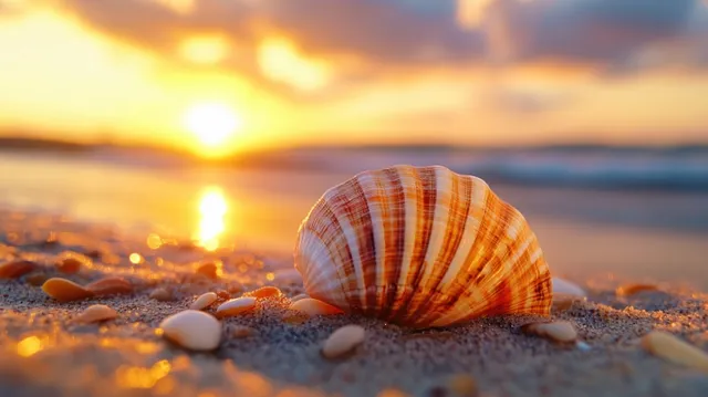 A seashell lies on beach sand in warm sunset light with a softly blurred ocean horizon behind it.