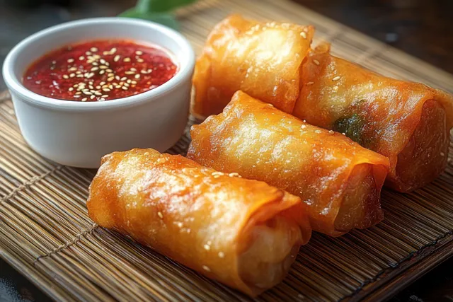 Four golden spring rolls on a bamboo mat with a small bowl of red sesame dipping sauce.