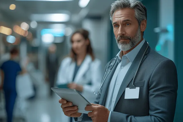 Doctor in a hospital corridor holding a medication folder while discussing with a pharma representative.