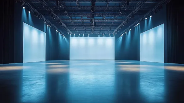 Empty exhibition hall with three blank illuminated screens and reflective polished floor under ceiling grid lighting.