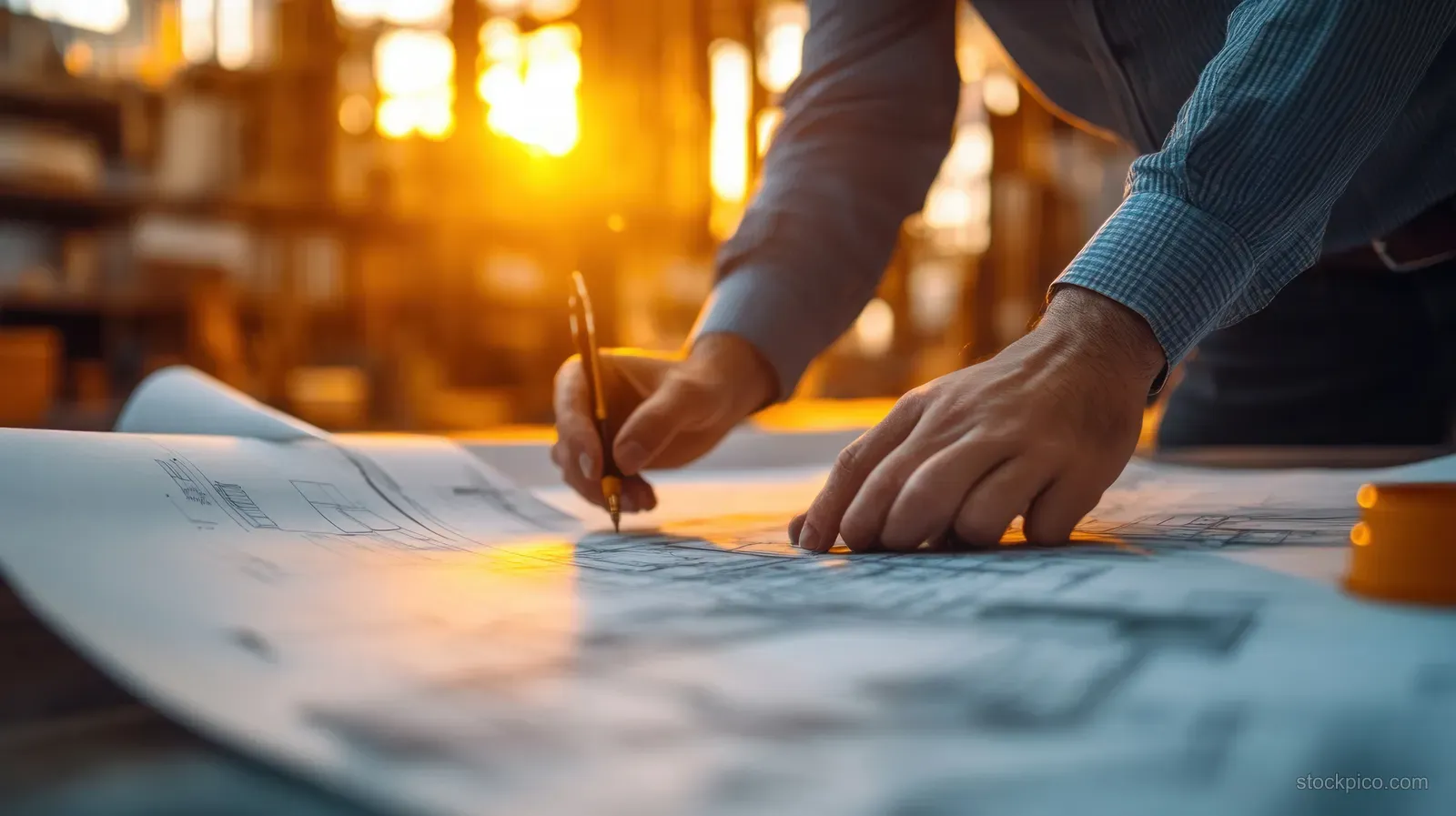 Hands draw architectural blueprints with a pen on large paper under warm sunset light.