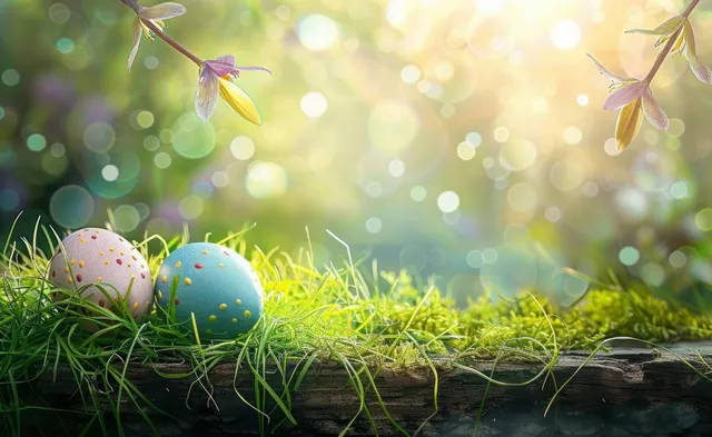 Two speckled eggs sit on green grass and moss on a branch while soft sunlight and flower buds glow behind them.