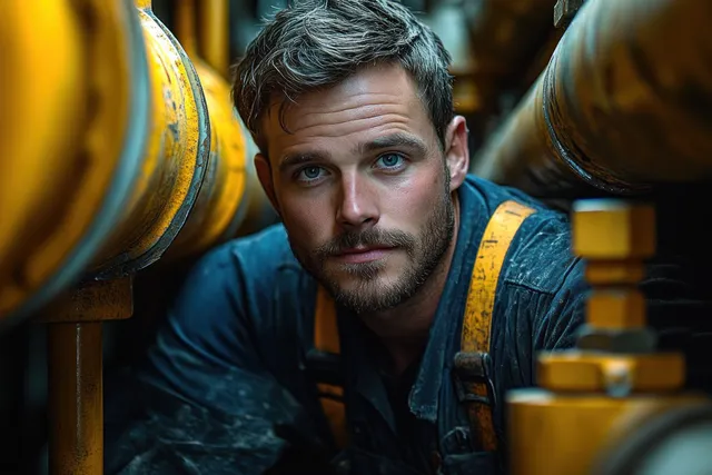 A focused young male mechanic with blue eyes and a beard stands between yellow machinery pipes in an industrial setting.