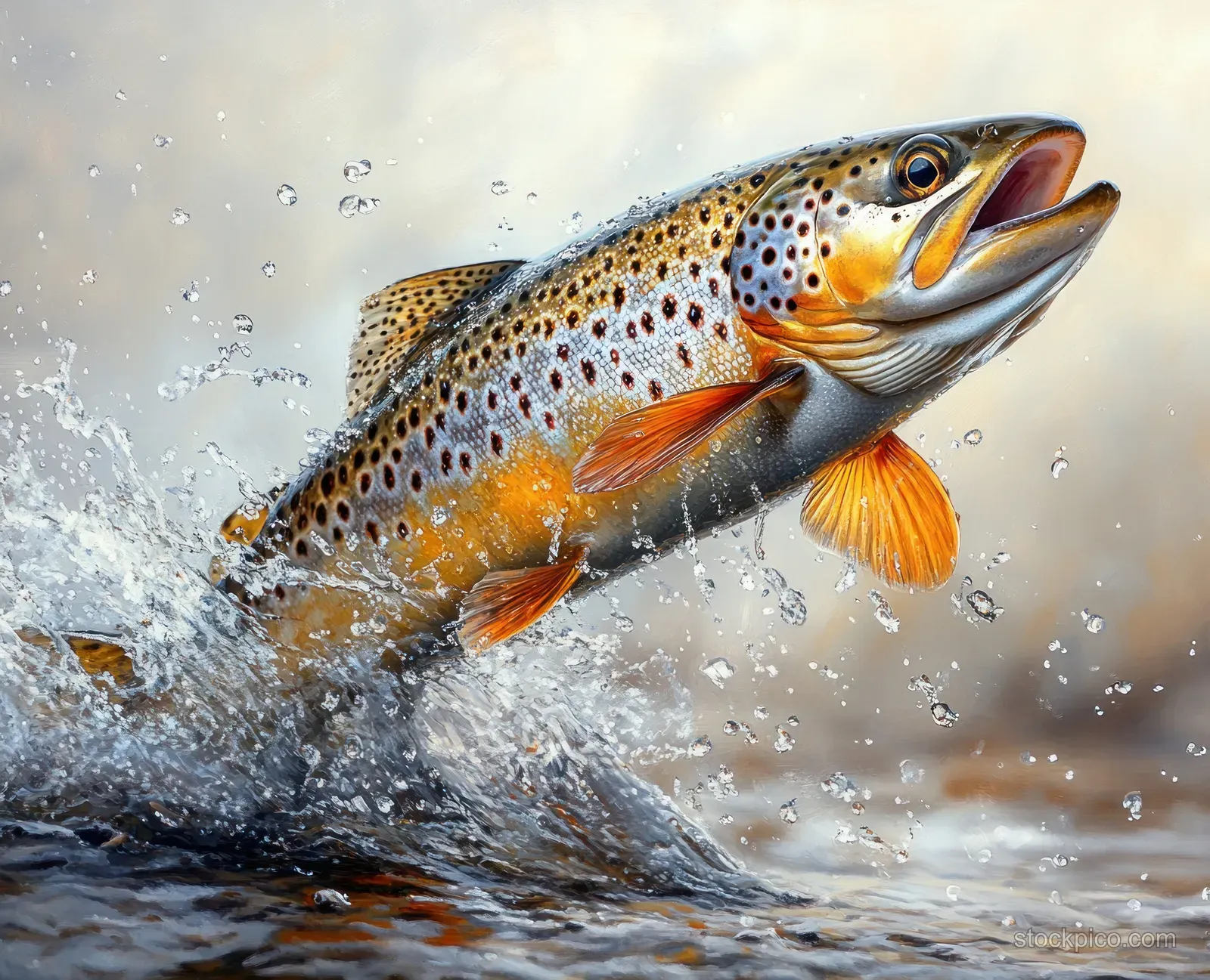 A trout leaps from water with sharp splashes and droplets frozen against a white background.