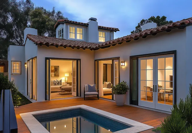 Modern house at dusk with open sliding doors revealing warm interior lights and a deck pool