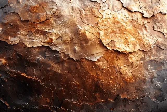 Aged copper bronze wall texture with gold foil highlights and cracked plaster