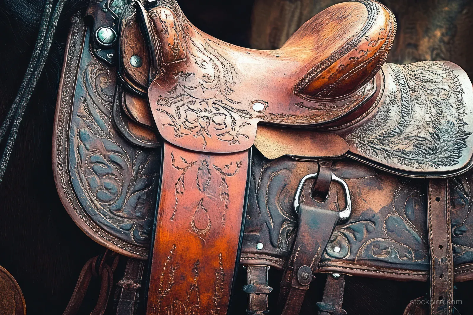 Close-up of a carved brown leather horse saddle with floral tooling, rivets, and metal buckles.