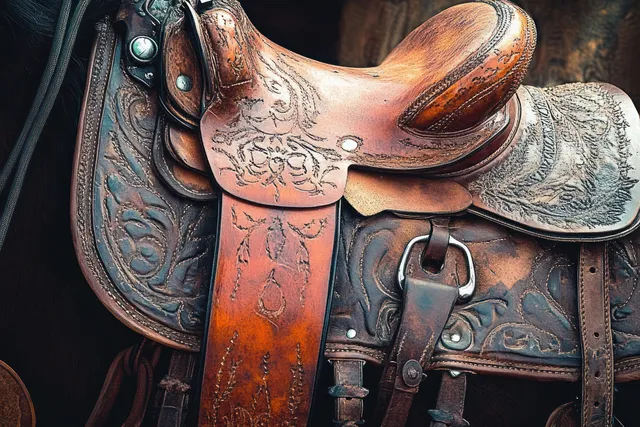 Close-up of a carved brown leather horse saddle with floral tooling, rivets, and metal buckles.