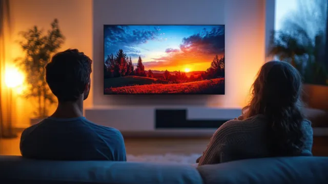 Family Watching Sunset Landscape on Television in Cozy Living Room