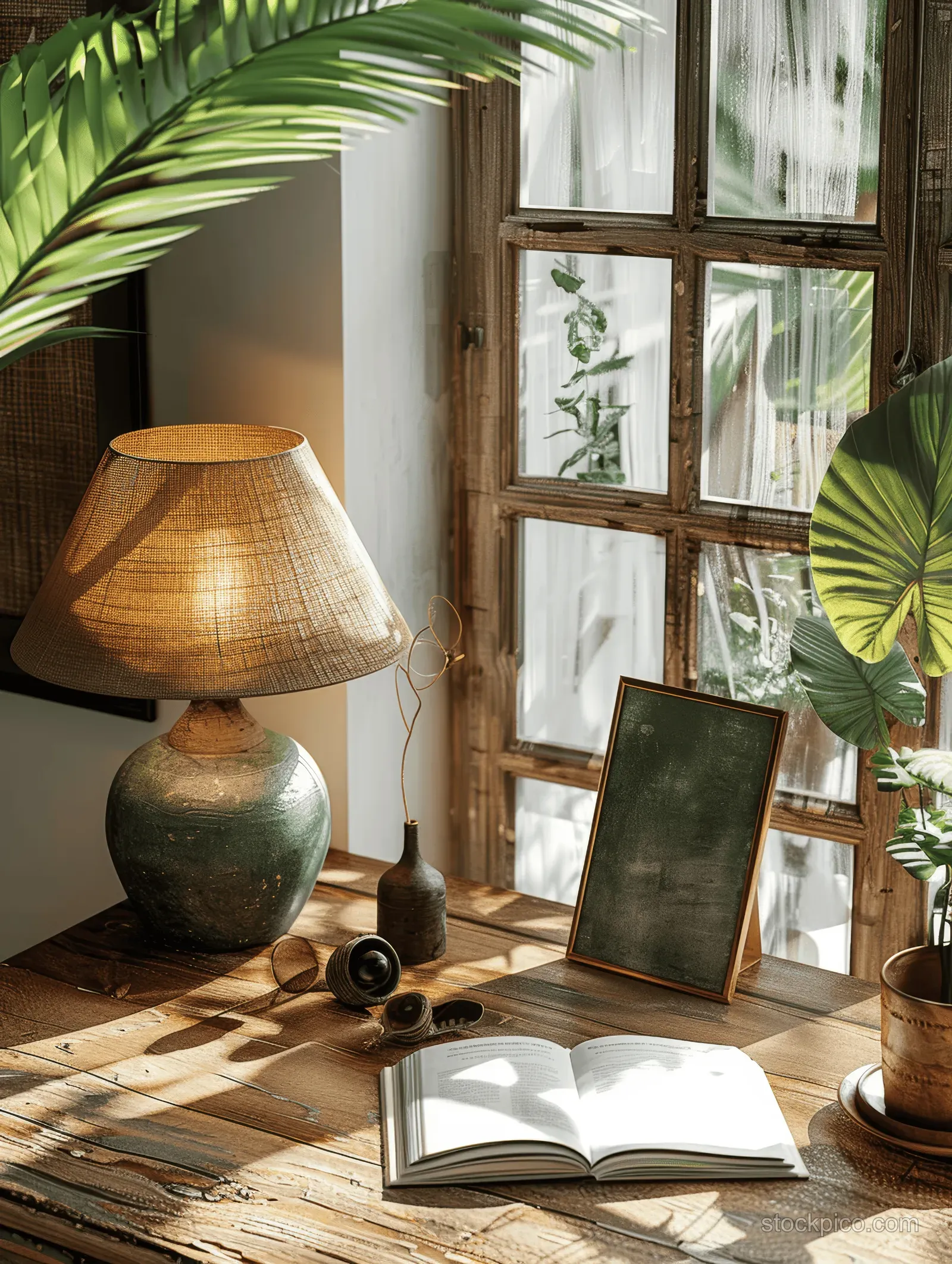 Blank A4 frame mockup on a wooden desk next to a sunlit window with tropical leaves and an open book.