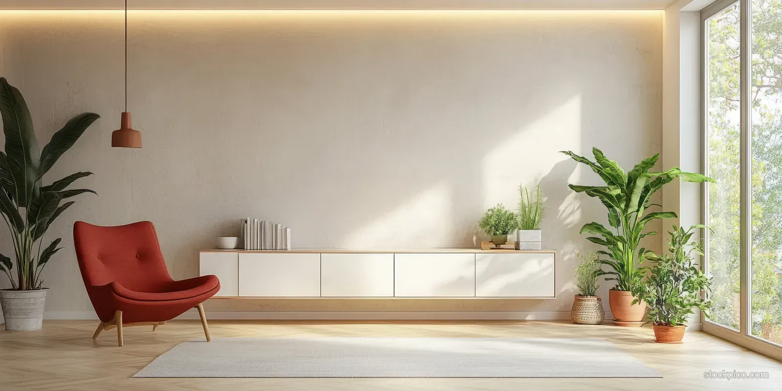 Red accent chair sits in a minimal living room beside potted plants near a bright window.