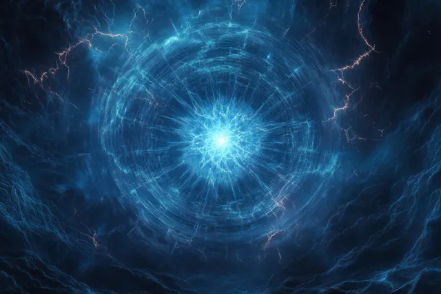 Radiant blue energy vortex spirals in dark space as electric lightning arcs around a glowing core.