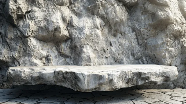 A honed stone podium rests on a tiled floor in front of a rough rock wall background.