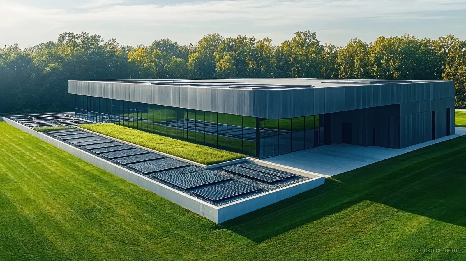 Aerial view of a modern data center with roof solar panels surrounded by neatly cut green lawns and trees.