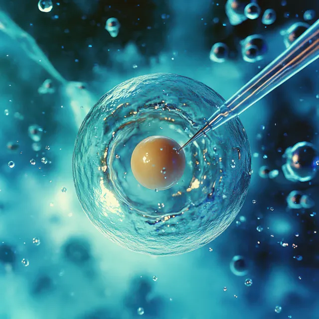 A microinjection pipette targets a single cell suspended in a blue fluid with tiny bubbles around it.