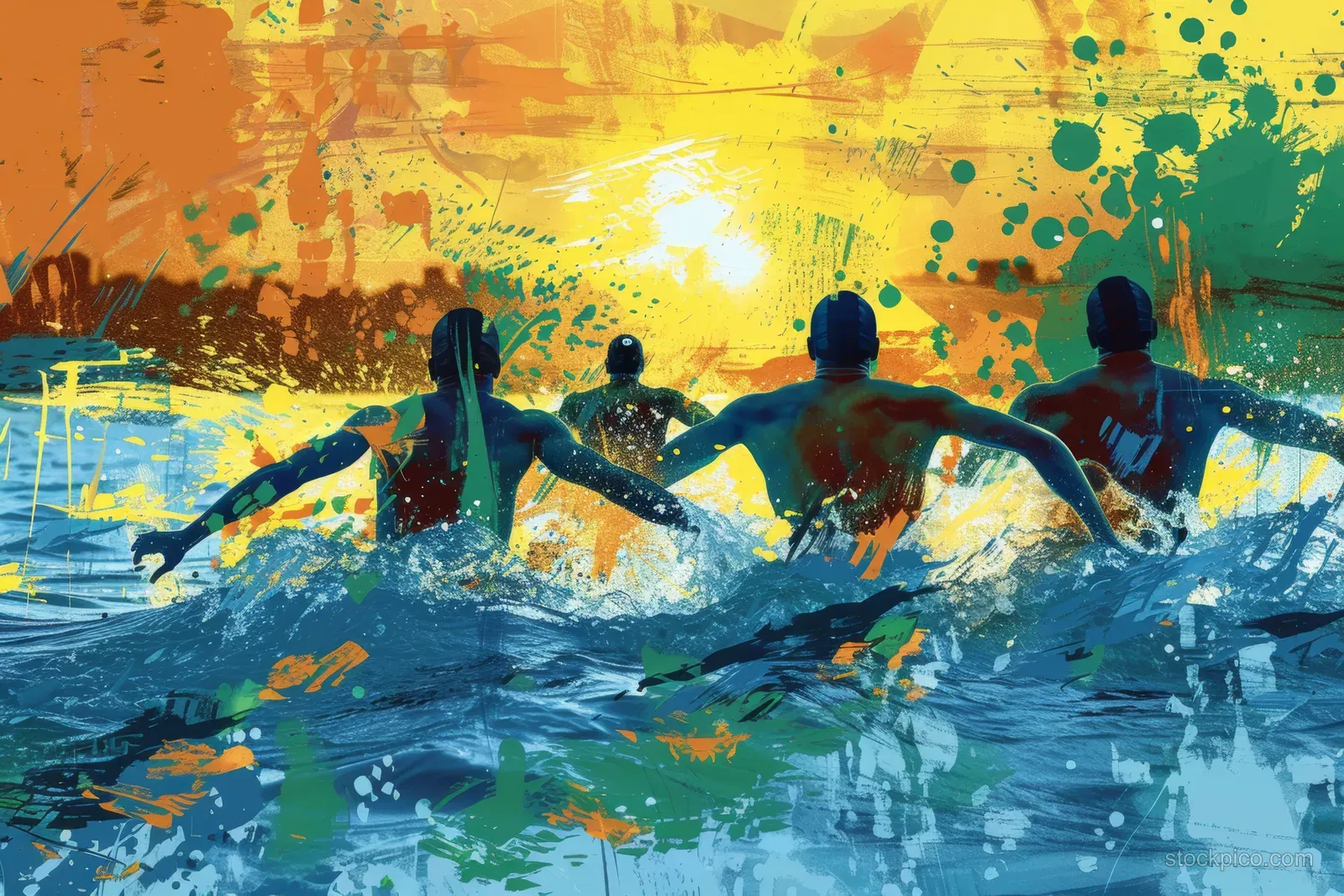 Four swimmers in freestyle motion surge through ocean water at sunset with splashing colors behind them.