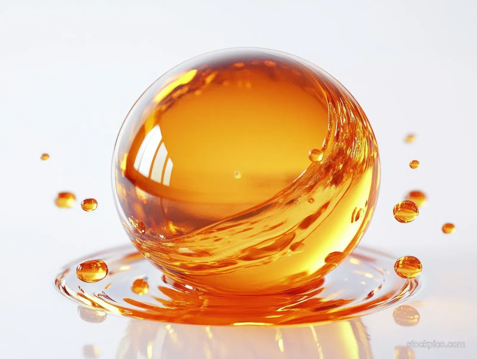 Amber transparent sphere splashes on a white reflective surface with droplets frozen midair.