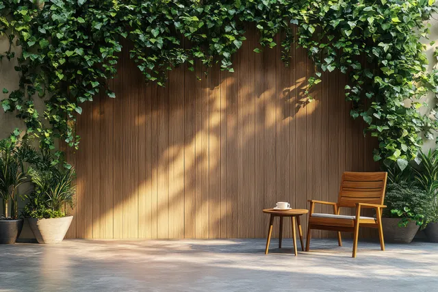 Cozy patio seating corner with wooden chairs beside small table under lush potted greenery